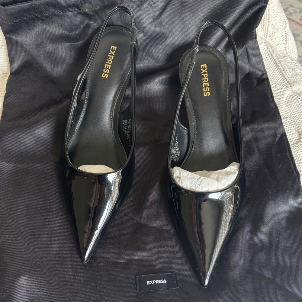 Express Slingback Pumps Womens 7 Black Excellent Patent Pointed Toe Kitten Heel